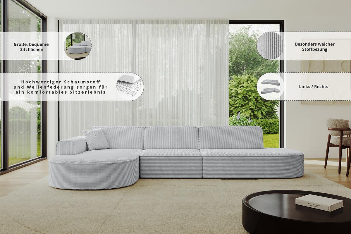 ECKSOFA Ottomane Rechts MARI-L2 - 328x171x79 cm Beige Cord - Beige/Schwarz, Holzwerkstoff/Kunststoff (171/328cm) - ALTDECOR