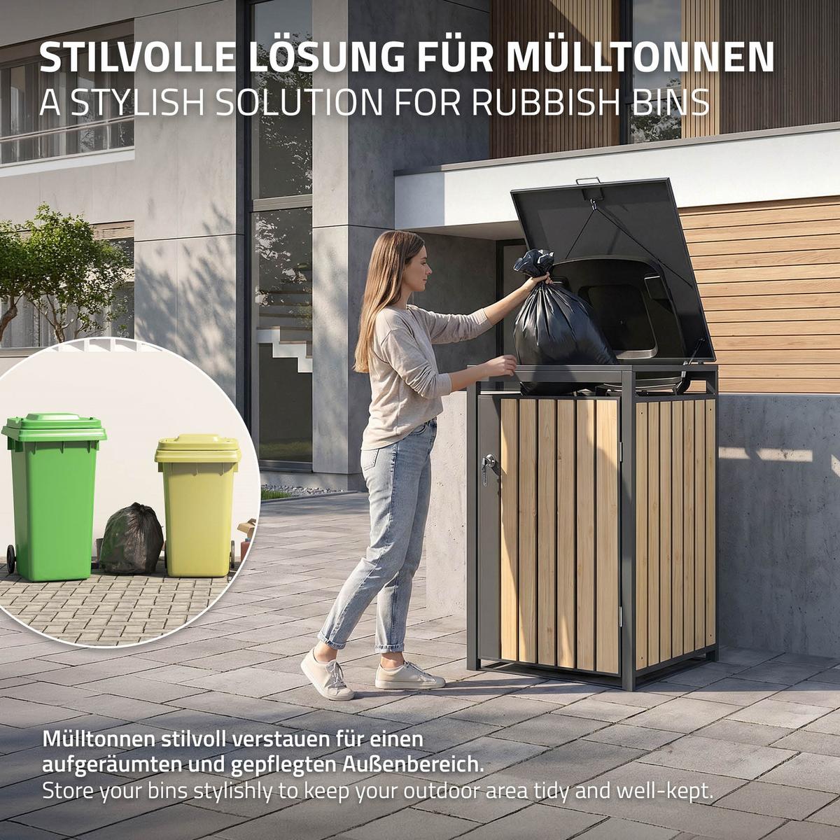 MÜLLTONNENBOX 1er Anthrazit-Holzoptik - Naturfarben, Metall (68/120/80cm) - ML-DESIGN
