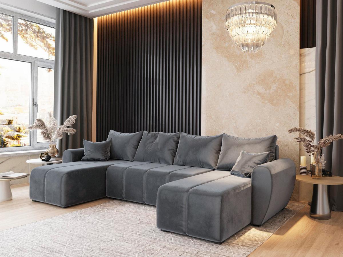 WOHNLANDSCHAFT MADISON U Grau Plüsch-Stoff mit Schlaffunktion - Schwarz/Grau, Holz/Kunststoff (311/82/145cm) - MASSENO