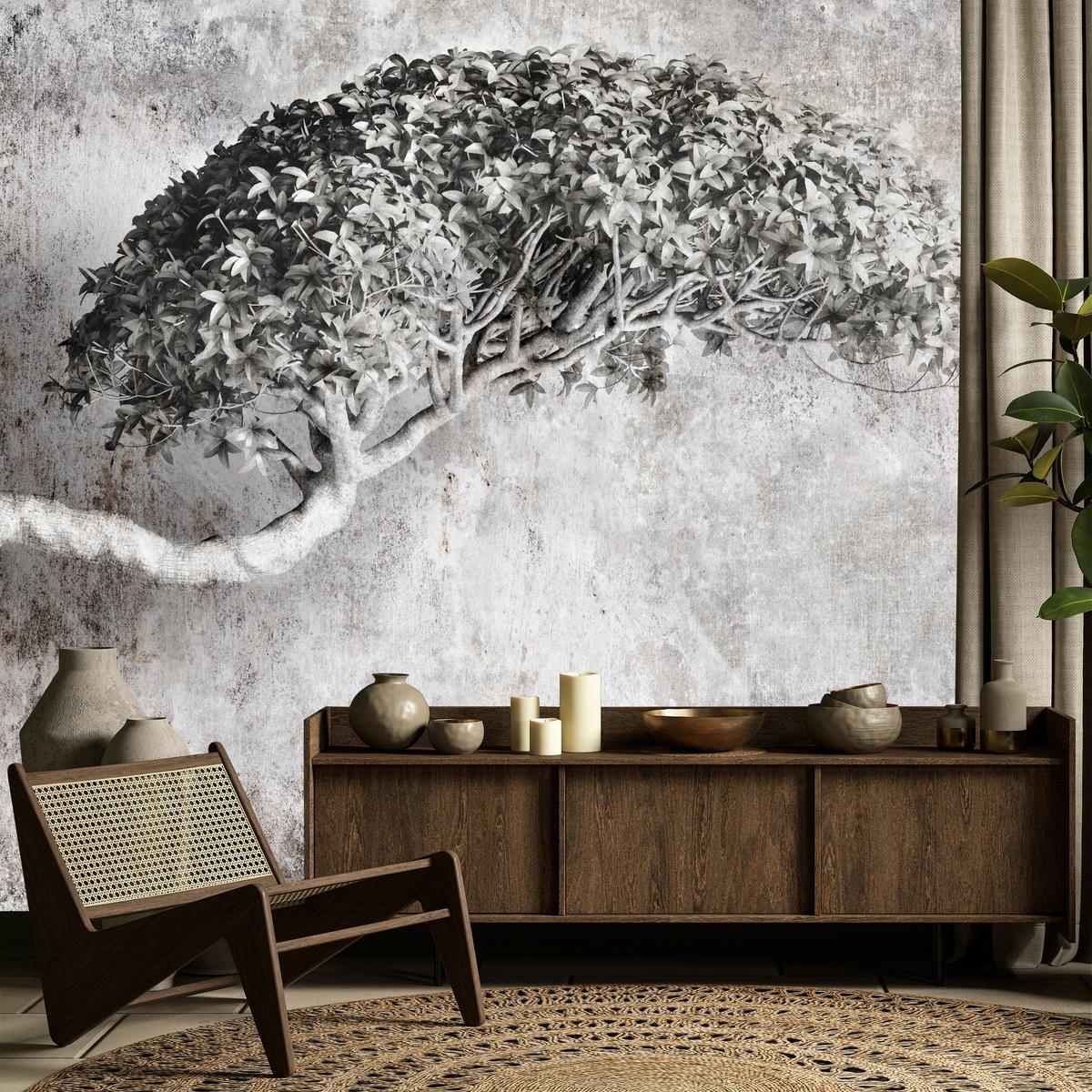 FOTOTAPETE Abstrakter Baum Beton 3D Effekt 400x280 - Schwarz/Grau, Papier (400/280cm) - Muralo