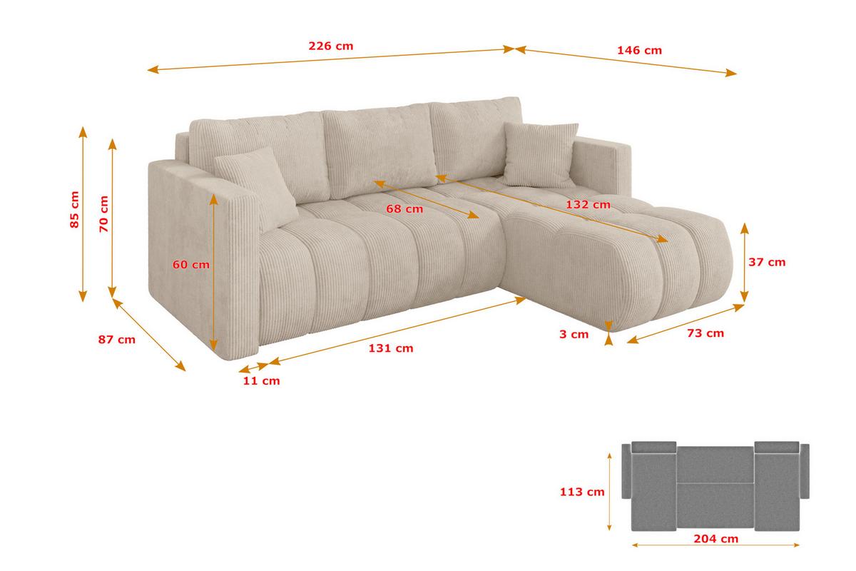 ECKSOFA mit Schlaffunktion Ottomane Rechts GARD-L 226x146x85 Beige Cord - Beige/Schwarz, Holzwerkstoff/Kunststoff (226/146cm) - ALTDECOR