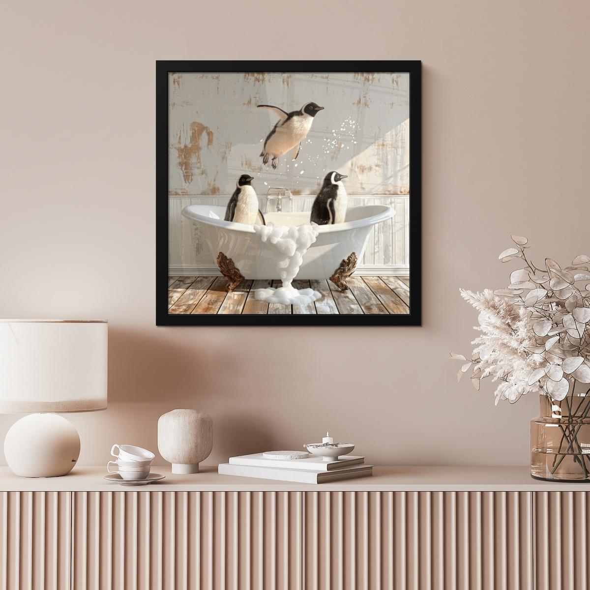 POSTER MIT RAHMENGERAHMTES BILD Vintage - Pinguin - Badewanne - Schaumstoff 40x40 cm - Schwarz, Papier (40/40cm) - MuchoWow