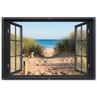 GARTENPOSTER Durchblick - Strand - Meer - Sand - Wasser - Strandhafer - Dünen Poster für draußen 180x120 cm - Sandfarben, Kunststoff (180/120/0.2cm) - OnlyWow