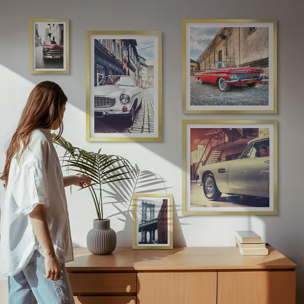 BILDER SET 5er Set - 50x50 cm & 20x30 cm & 40x60 cm Goldrahmen - Oldtimer in Städten - Goldfarben, Kunststoff (40/60cm) - TULUP