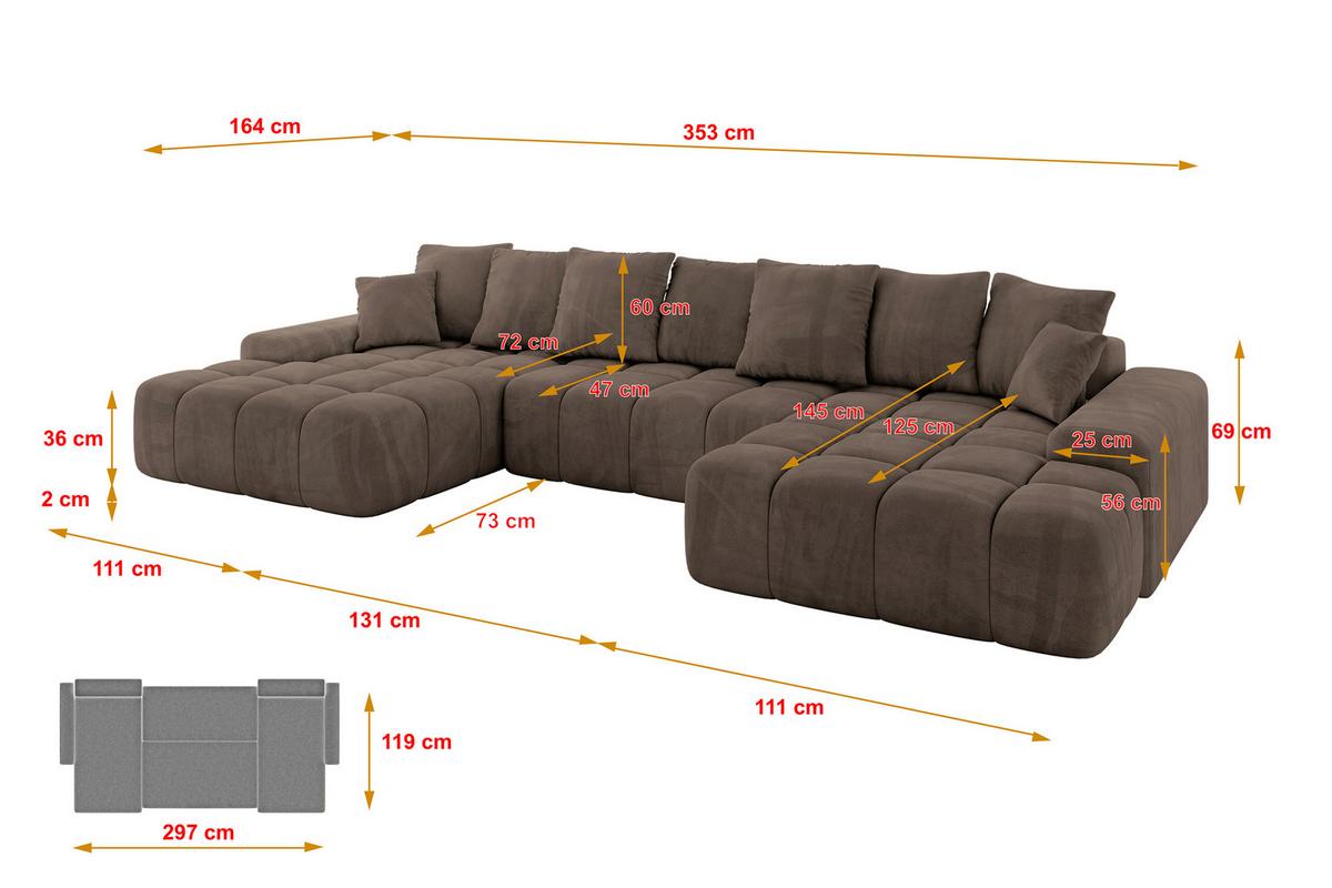 WOHNLANDSCHAFT ENSI-U - 353x164x69 cm Braun - Braun, Holzwerkstoff/Kunststoff (357/69/164cm) - ALTDECOR