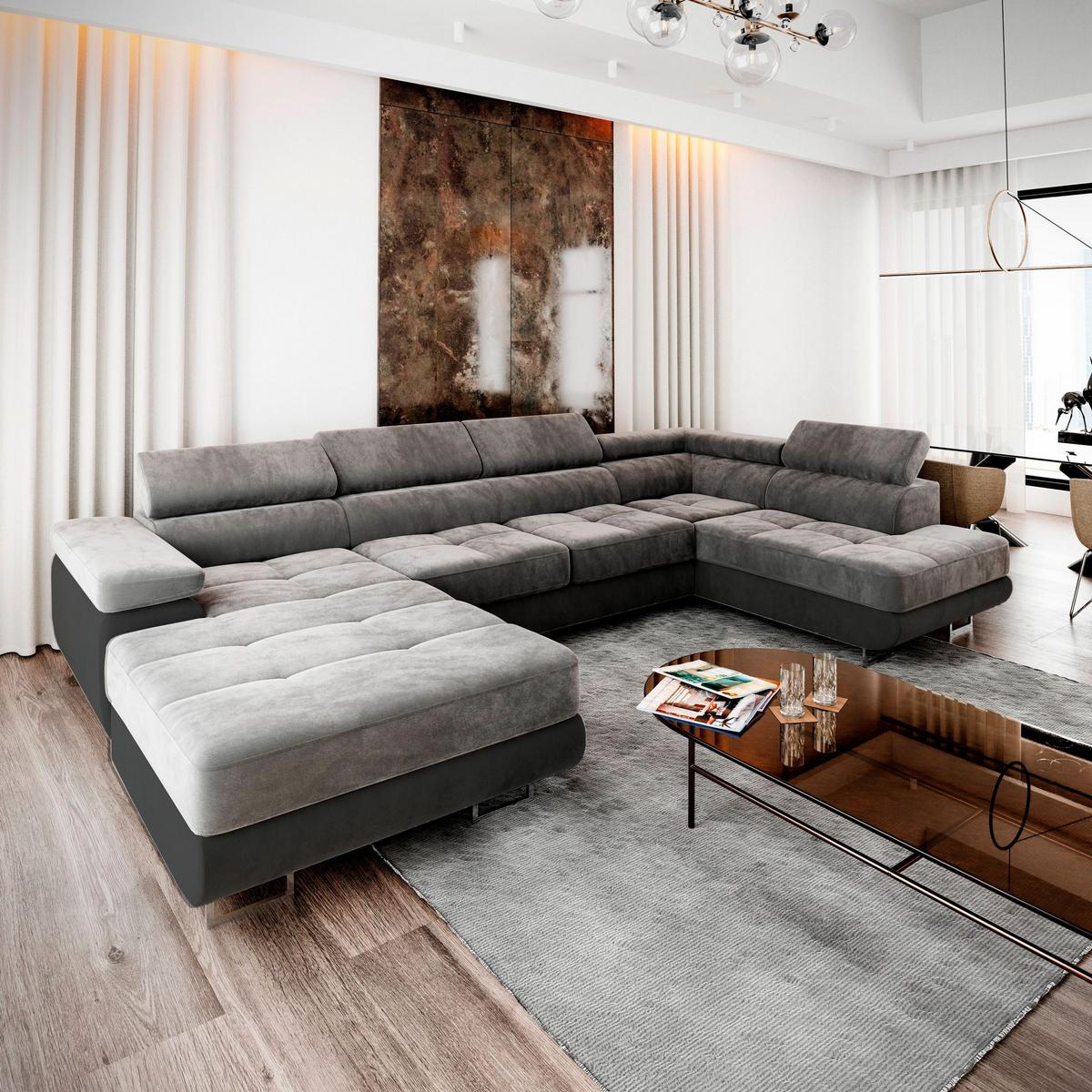 WOHNLANDSCHAFT CASONE R-S Hellgrau Velours-Stoff mit Schlaffunktion - Silberfarben/Hellgrau, Holz/Textil (345/90/202cm) - MASSENO