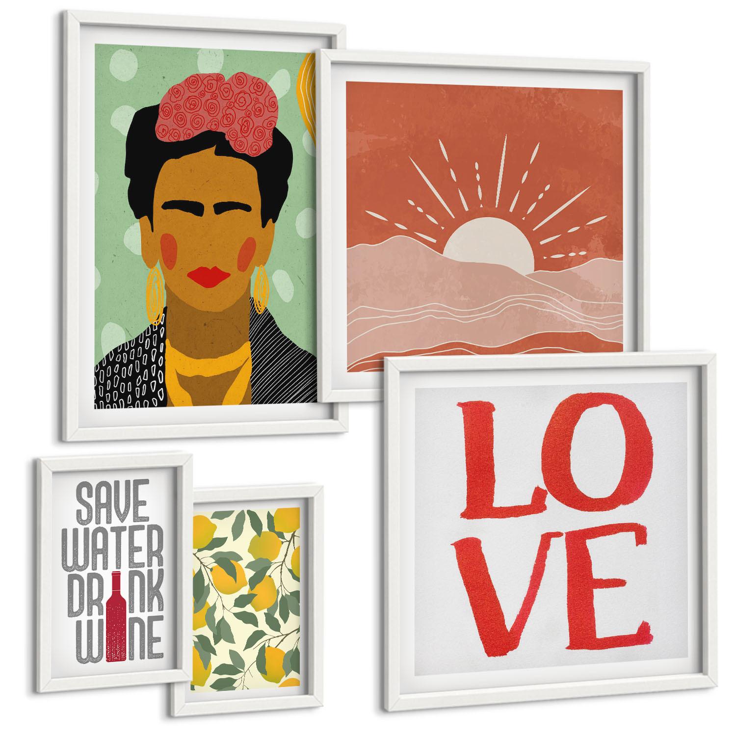 BILDER SET 5er Set - 50x50 cm & 20x30 cm & 40x60 cm Weißer Rahmen - Zitronen Inschrift Liebeslandschaft Frida - Weiß, Kunststoff (40/60cm) - TULUP