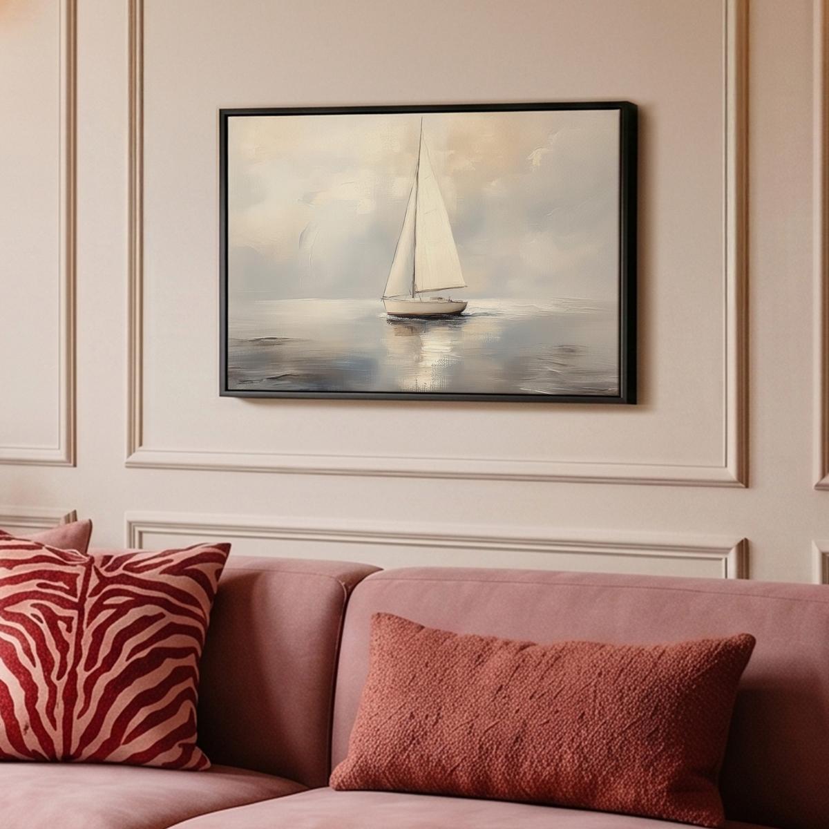 LEINWAND Bilder mit Rahmen - Segelschiff - Meer - Bewölkt - 60x40 - Creme, Textil (60/40cm) - MuchoWow