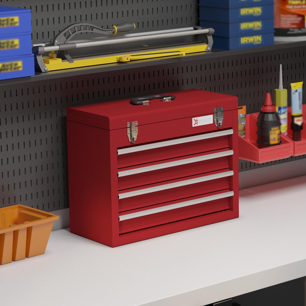 WERKZEUGKOFFER leer, 51 x 22 x 39,5 cm Werkzeugkasten mit 4 Schubladen Rot - Rot, Metall (22/39.5/51cm) - DURHAND