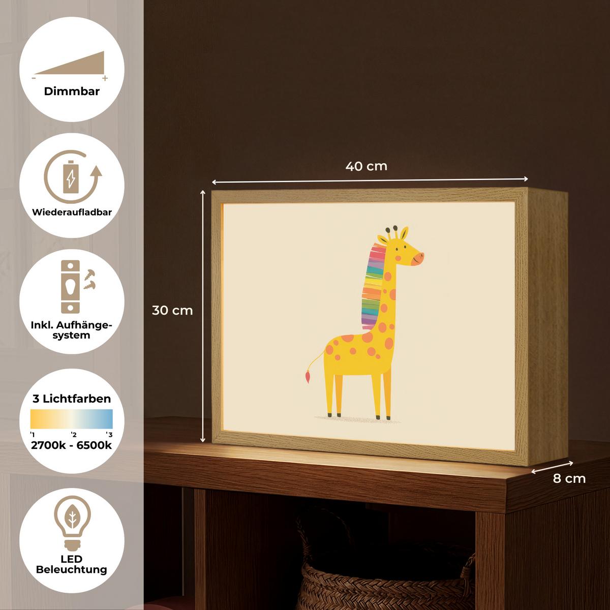 WANDLEUCHTE MIT AKKU Giraffe - Regenbogenmähne - Beige 40x30 cm - Beige, Holzwerkstoff (40/30/8cm) - OnlyWow