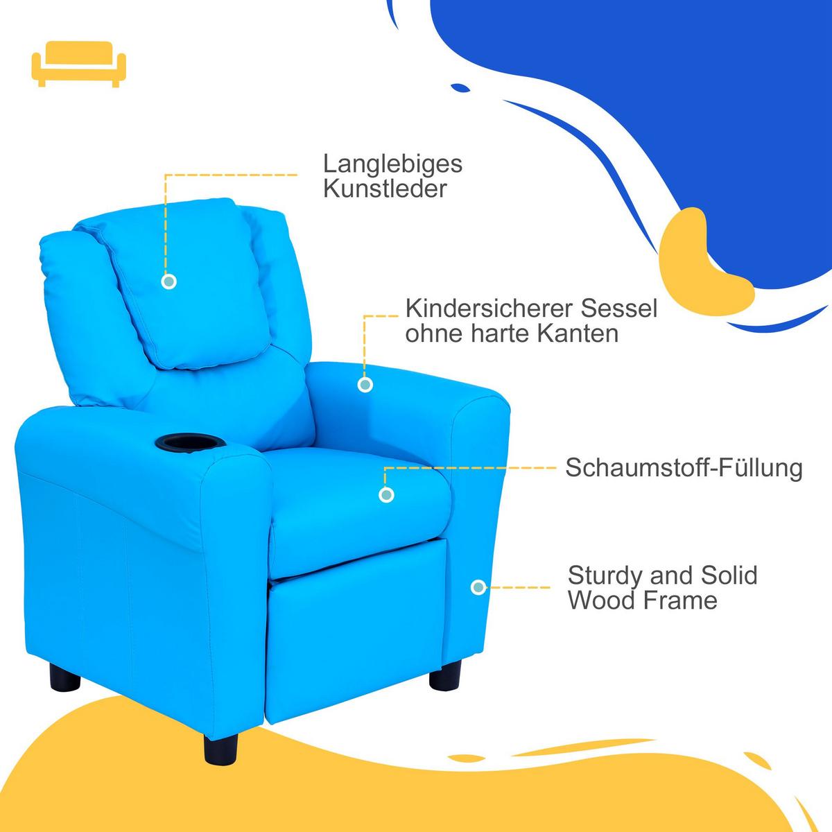 KINDERSESSEL Minisessel Kindersofa für 3-6 Jahre alt Liegefunktion Blau - Blau, Kunststoff (52/69/62cm) - HOMCOM