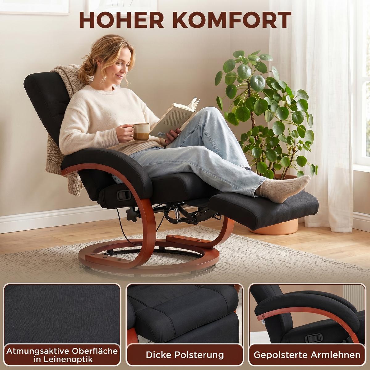 RELAXSESSEL Polyester Eukalyptusholz Schwarz - Schwarz, Holz/Textil (68/100/86cm) - HOMCOM