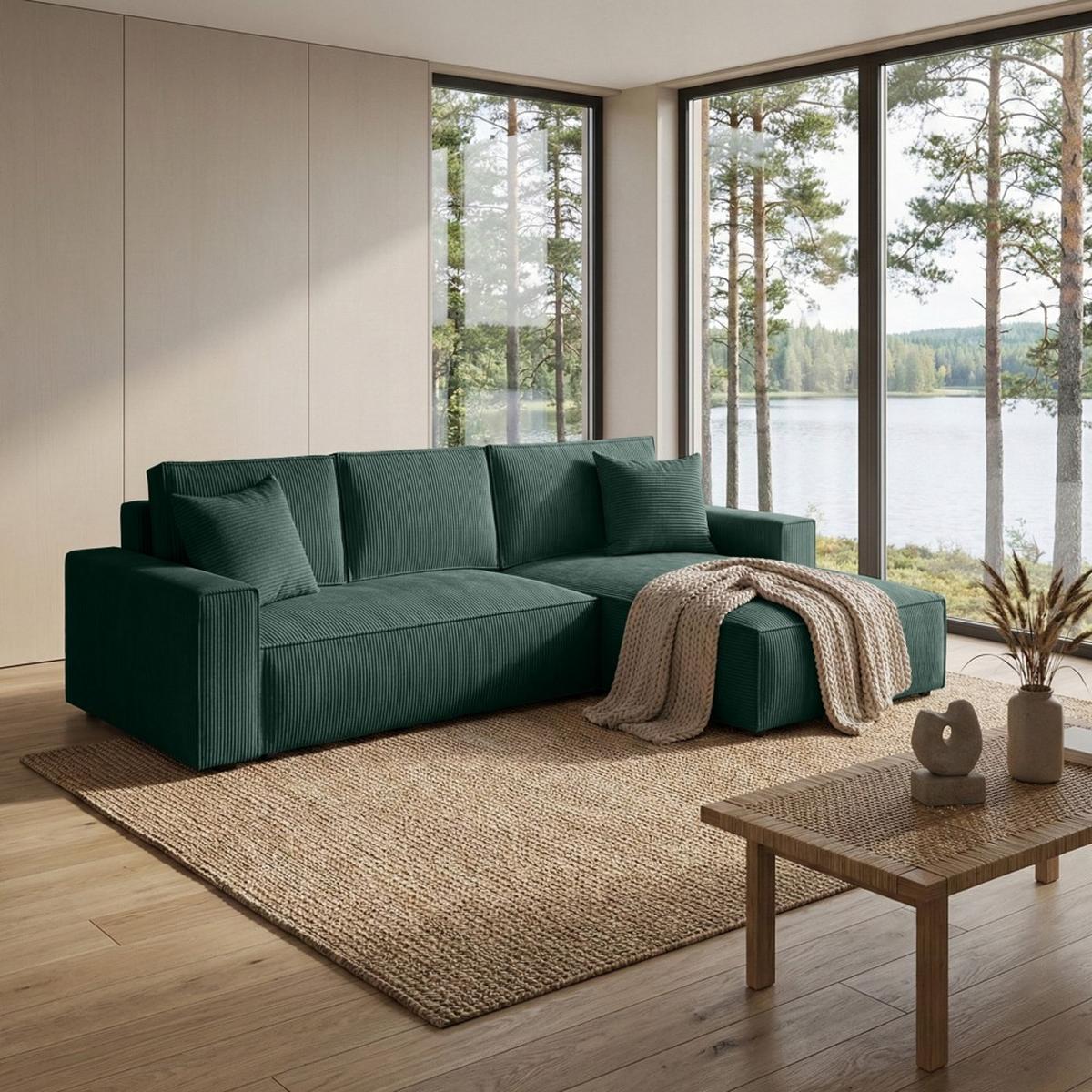 ECKSOFA Parys mit Schlaffunktion und universeller Ottomane, dunkelgrün - Dunkelgrün/Schwarz, Kunststoff/Textil (290/185cm) - Beautysofa