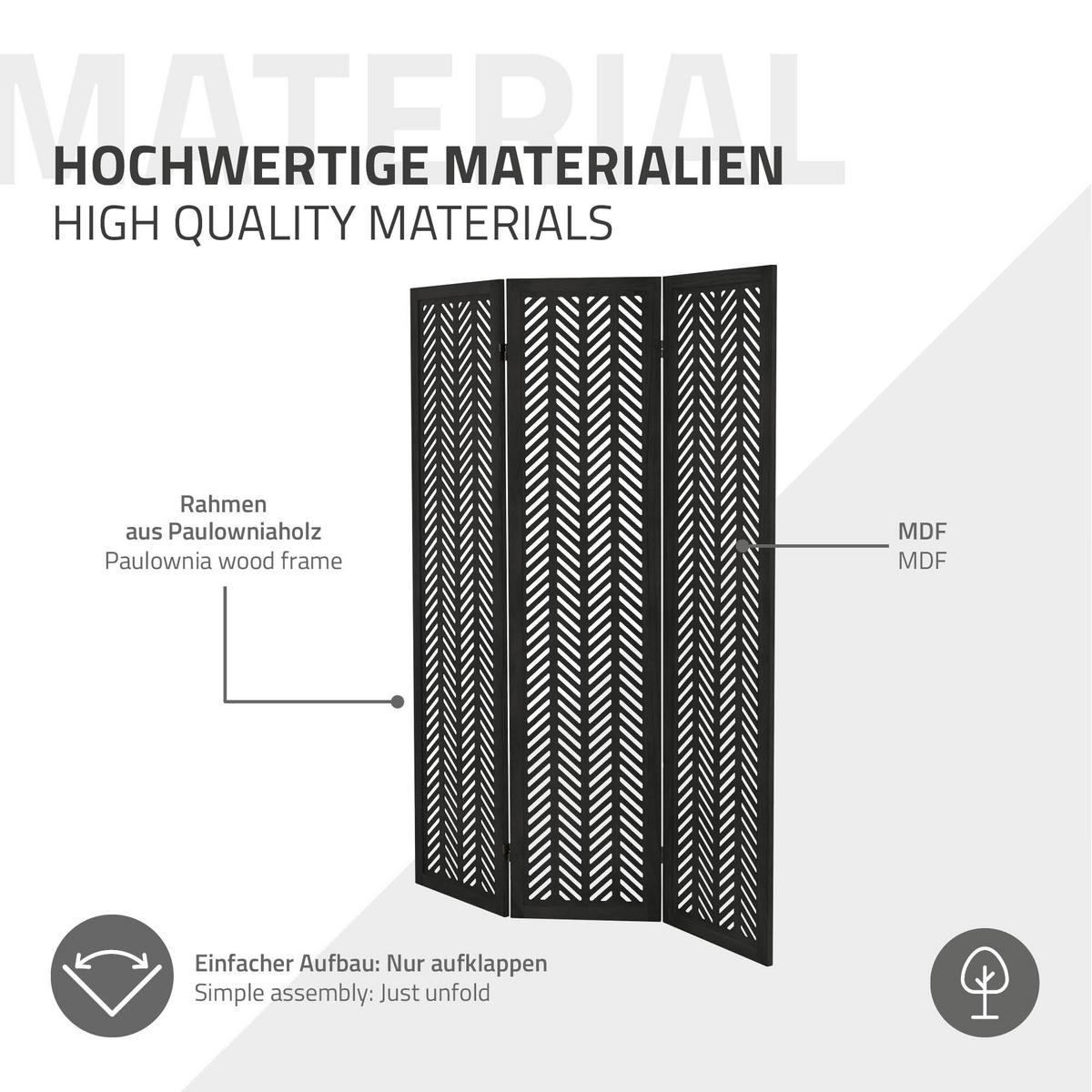 PARAVENT 3 teilig Kobe 170x121 cm Schwarz aus Holz - Schwarz, Holz (121/170/2cm) - ML-DESIGN