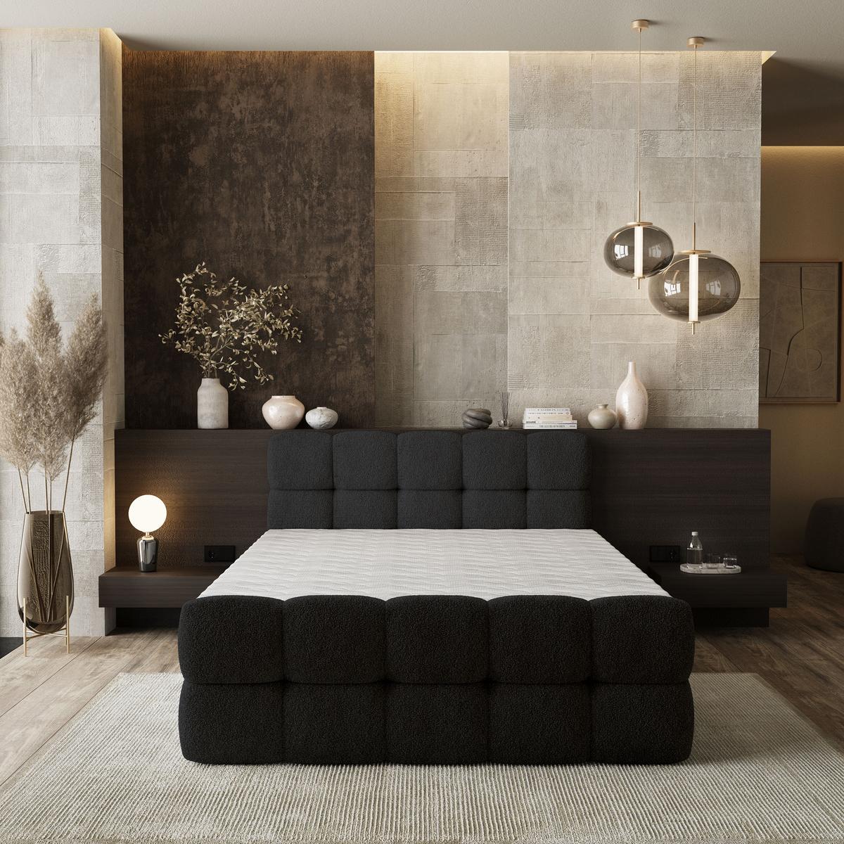 BOXBETT BRUME 180x200 cm mit Matratze und Topper, H2+H3 - Schwarz - Schwarz, Holz (180/200cm) - MASSENO