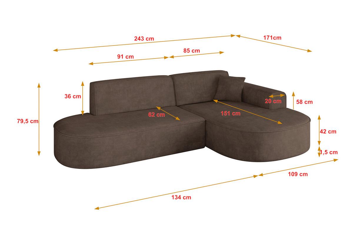 ECKSOFA Ottomane Rechts MARI-L1 - 243x171x79 cm Braun Velours - Schwarz/Braun, Holzwerkstoff/Kunststoff (171/243cm) - ALTDECOR