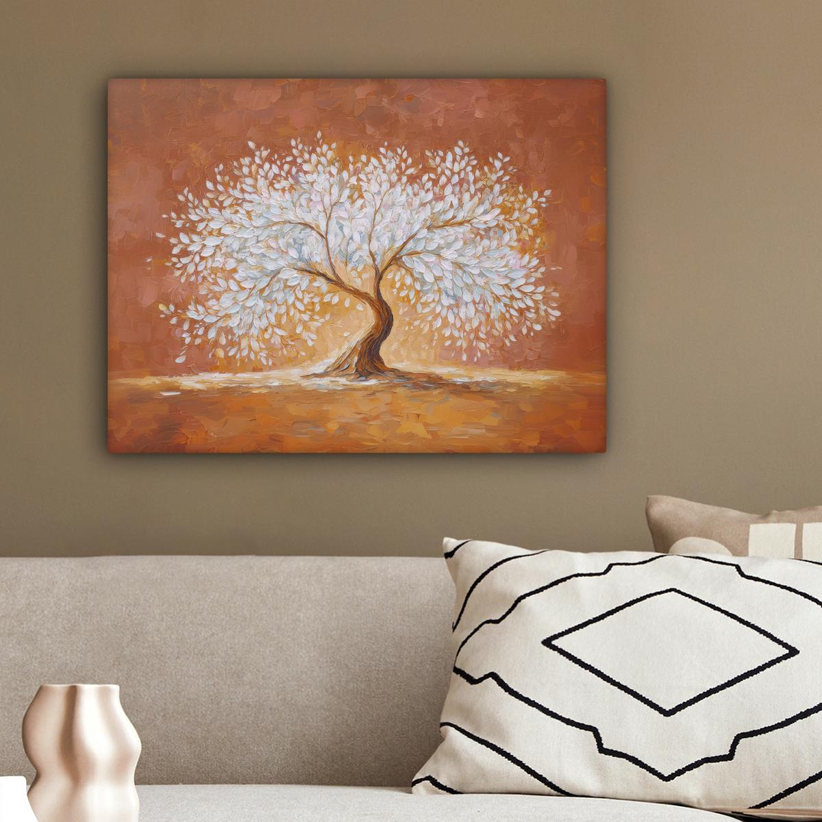 LEINWANDBILD Abstrakt - Baum - Weiß - Blätter Wandbild 40x30 cm - Braun, Textil (40/30cm) - MuchoWow