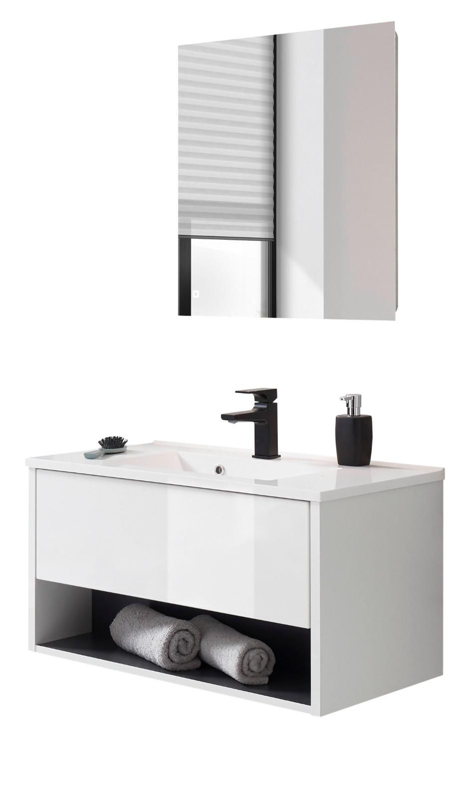 BADMÖBEL-SET weiß Hochglanz, grau, Badezimmerschränke mit Waschbecken und LED Beleuchtung 80 cm - Weiß Hochglanz/Grau, Glas/Holzwerkstoff (80/190/47cm) - Furn.Design