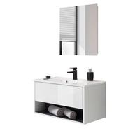 BADMÖBEL-SET weiß Hochglanz, grau, Badezimmerschränke mit Waschbecken und LED Beleuchtung 80 cm - Weiß Hochglanz/Grau, Glas/Holzwerkstoff (80/190/47cm) - Furn.Design