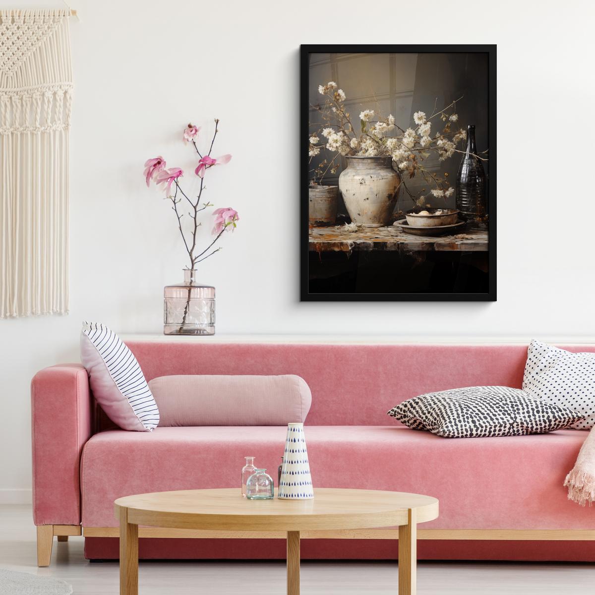 POSTER MIT RAHMEN Stilleben - Blumen - Blumenstrauß - Vase - Wein Posterleiste 60x80 cm - Schwarz, Papier (60/80cm) - MuchoWow