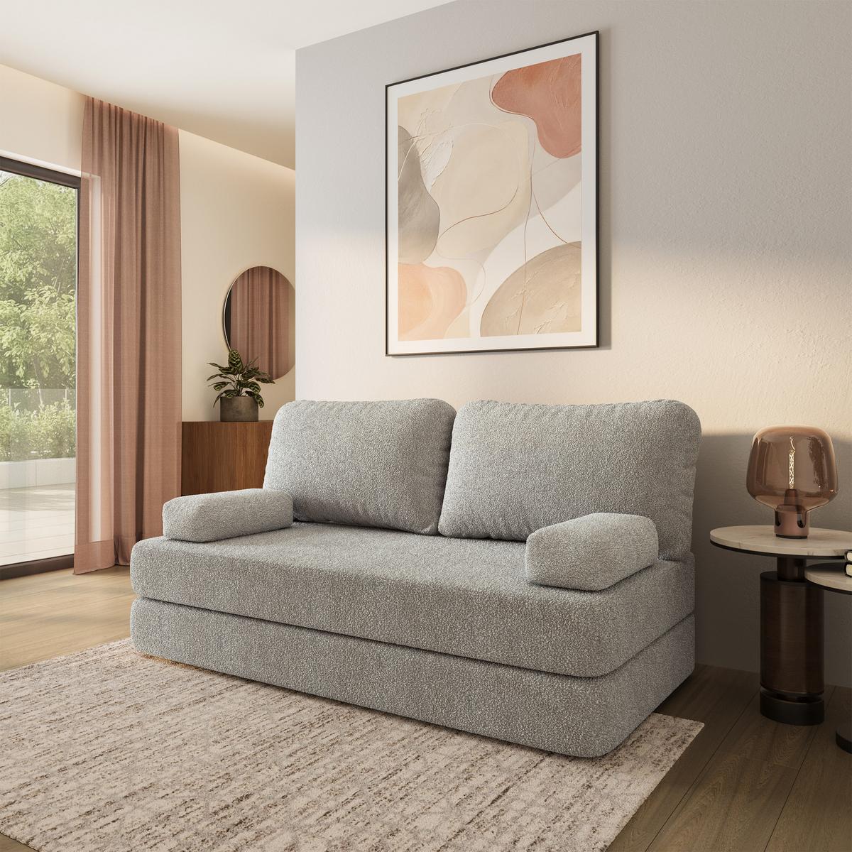 BETTSOFA NIKSI aus Schaumstoff Bucle-Stoff Hellgrau Schlaffunktion - Hellgrau, Textil (170/86/80cm) - MASSENO