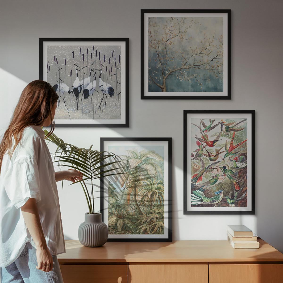 BILDER SET 4er Set - 50x50 cm & 40x60 cm Schwarzer Rahmen - Tropische Pflanzen, Vögel, Natur - Schwarz, Kunststoff (50/50cm) - TULUP