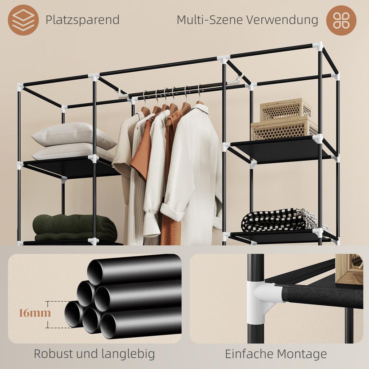 STOFFSCHRANK, Faltschrank mit Reißverschluss, Kleiderschrank, Tragbare Garderobe - Schwarz, Metall (43/162.5/150cm) - HOMCOM