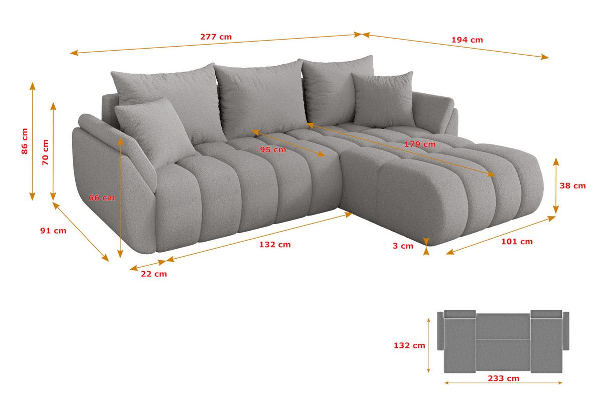 ECKSOFA mit Schlaffunktion Ottomane Rechts TOKO-L-v1 277x194x86 Hellgrau Bouclé - Silberfarben/Hellgrau, Holzwerkstoff/Kunststoff (277/194cm) - ALTDECOR
