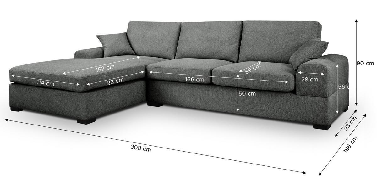 SOFA grau Strukturstoff 308 cm, Ecksofa 5-Sitzer, L-Sofa Ottomane links - Schwarz/Grau, Holz/Textil (308/186cm) - Inn.Furn