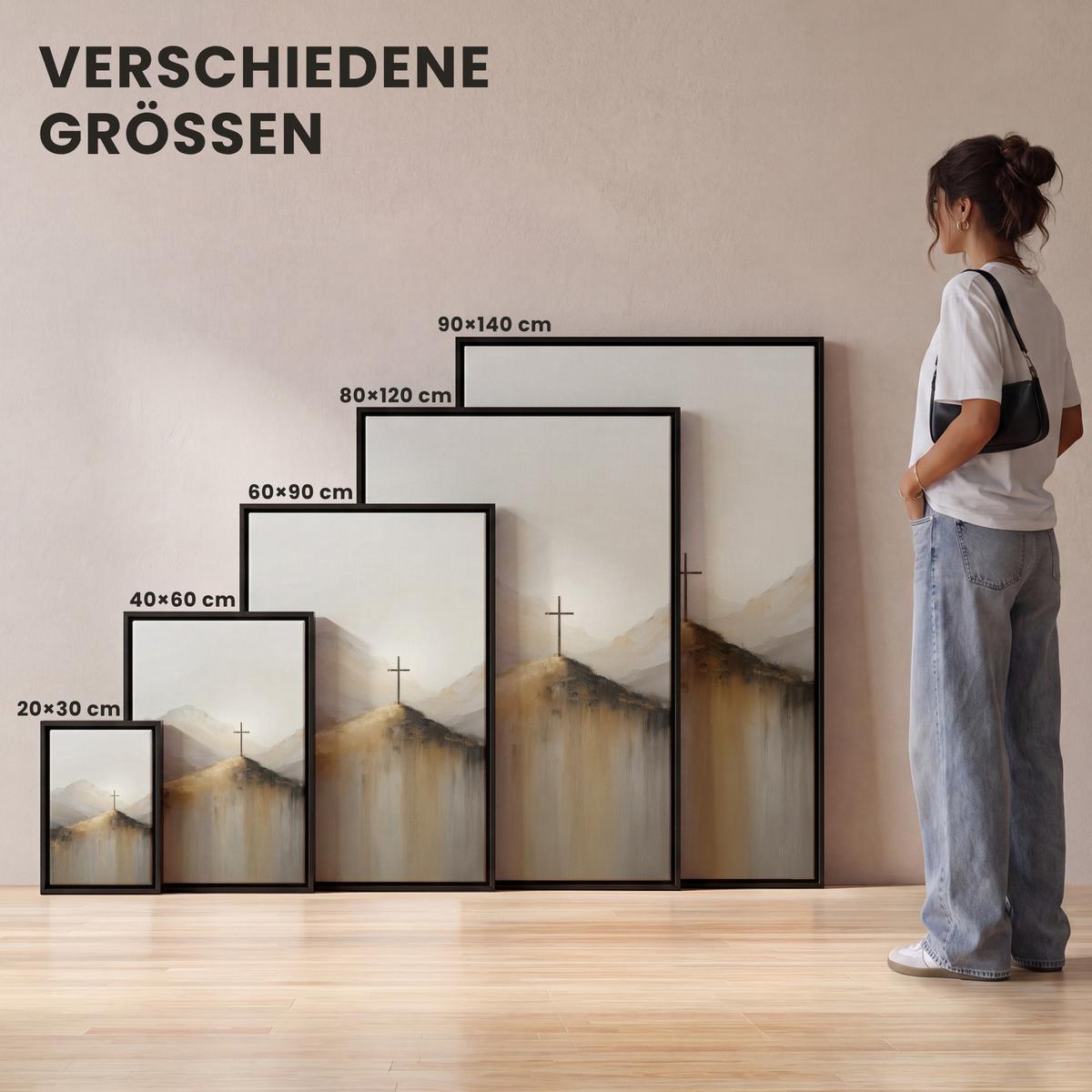 LEINWAND Bilder mit Rahmen - Hügel - Abstrakt - Kreuz - Christentum - 80x120 - Beige, Textil (80/120cm) - MuchoWow