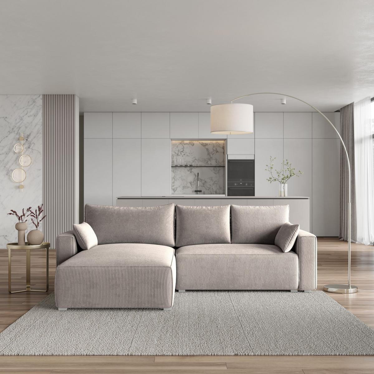 ECKSOFA FORIL P Beige Kordstoff mit Schlaffunktion - Beige/Grau, Holz/Kunststoff (265/178cm) - MASSENO