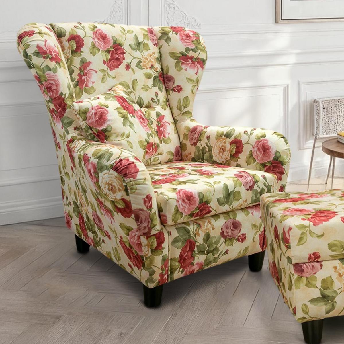 OHRENSESSEL mit HOCKER, hoher Sitzkomfort durch Wellenunterfederung B90/H98/T76 cm, Webstoff Blumenmuster bunt / 18004 - Multicolor/Schwarz, Holz/Textil (90/98/76cm) - luma-home