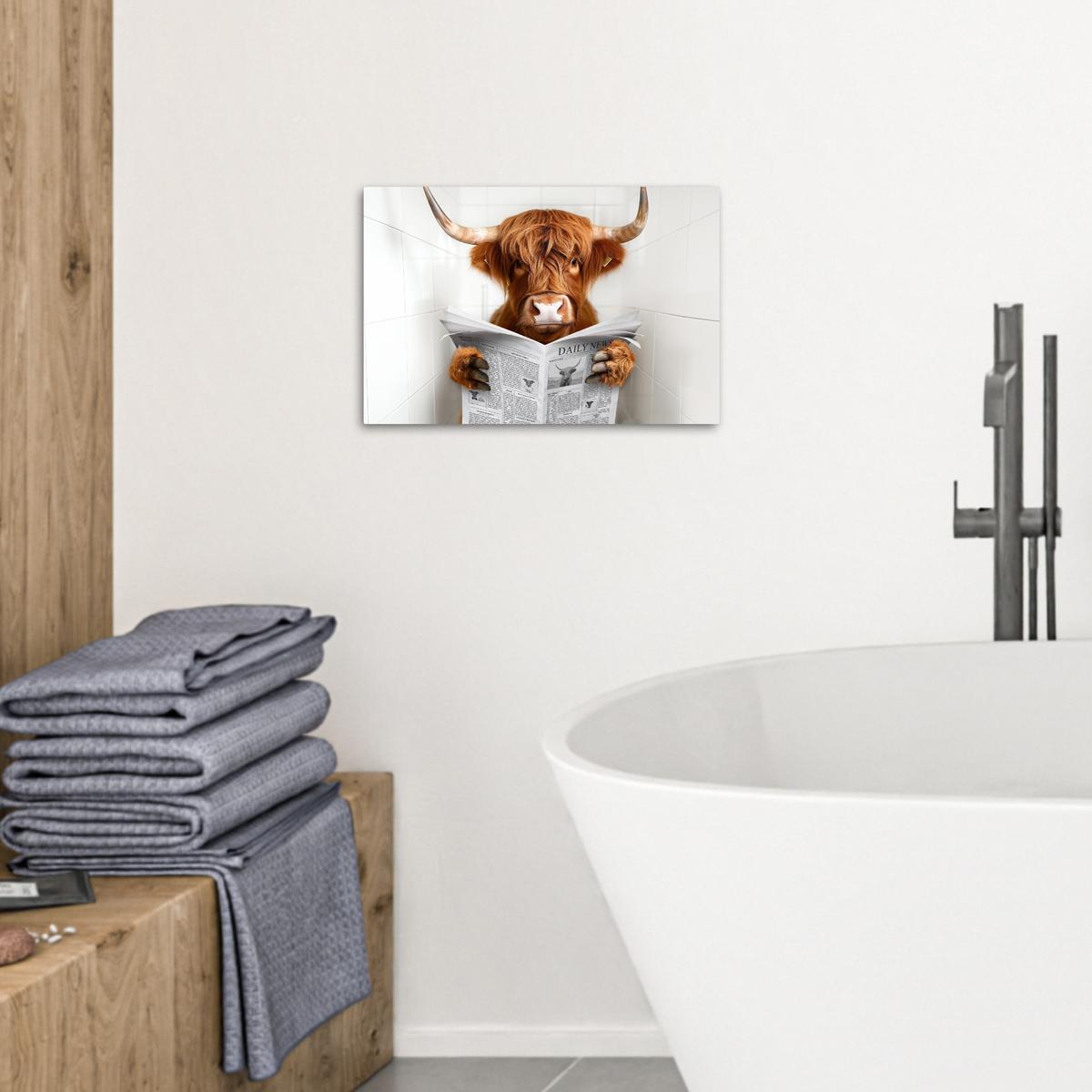 LEINWANDBILD Schottischer Highlander - Tier - Zeitung - Toilette Deko Schlafzimmer 30x20 cm - Kastanienfarben, Textil (30/20cm) - MuchoWow