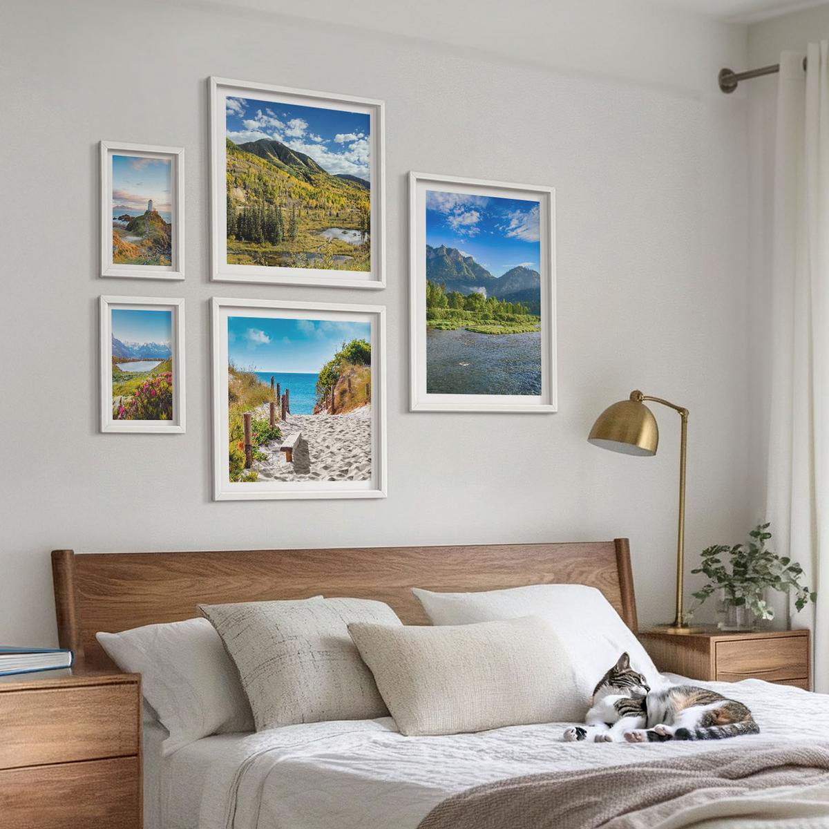 BILDER SET 5er Set - 50x50 cm & 20x30 cm & 40x60 cm Weißer Rahmen - See, Brücken, Berge - Weiß, Kunststoff (40/60cm) - TULUP