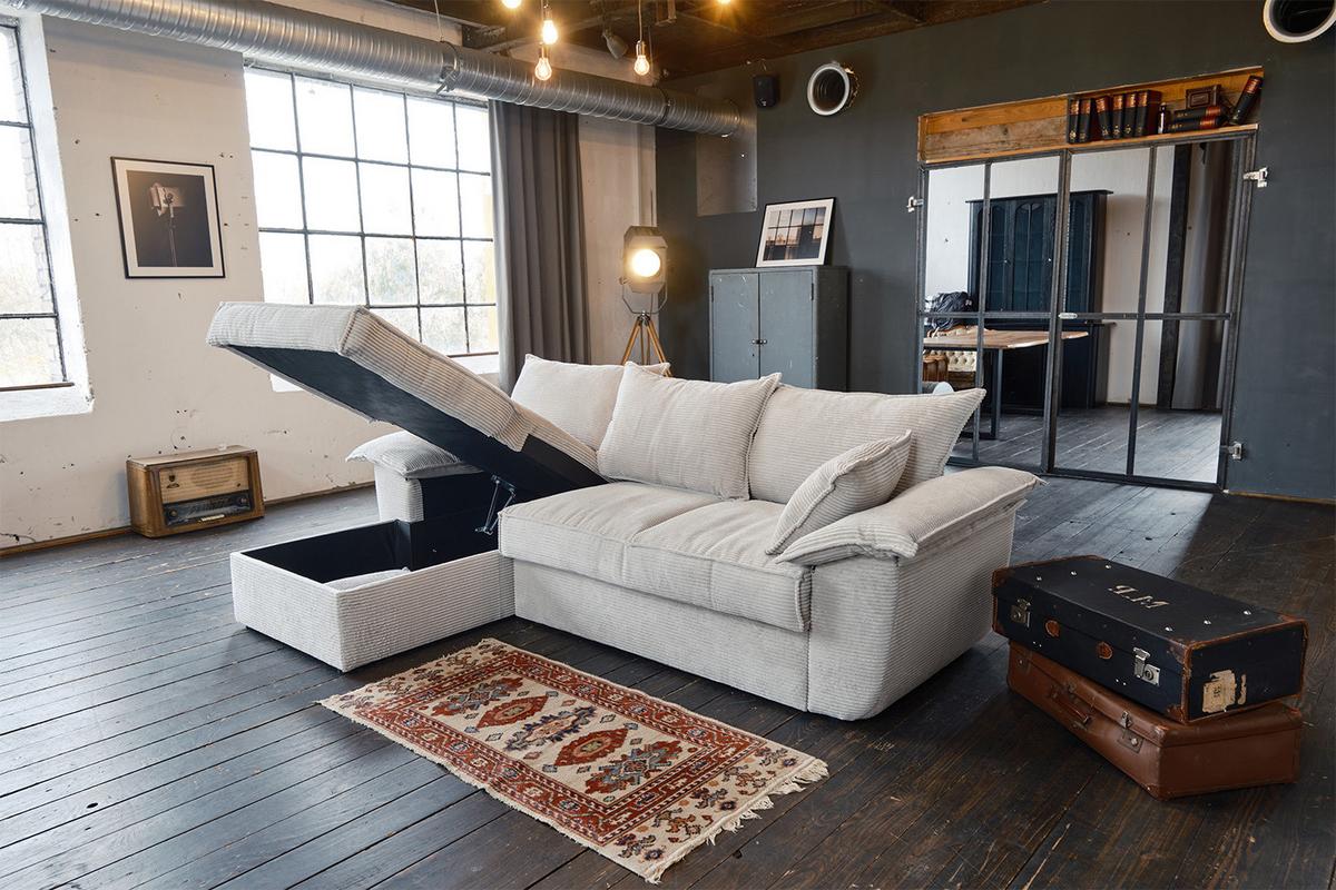 ECKSOFA DAMETO Weiß Cord Mit Schlaffunktion - Schwarz/Weiß, Kunststoff/Textil (266/174cm) - KAWOLA