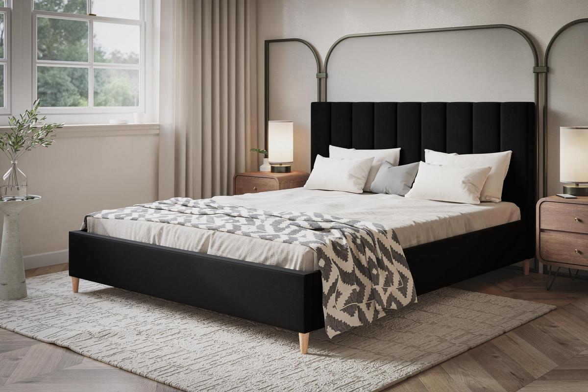 POLSTERBETT LUX Tokio mit Kopfteil, 160 x 200 cm, Doppelbett mit Lattenrost aus Holz, Velourstoff Schwarz, Füße in Farbe: Braun - Schwarz, Holz/Textil (160/200cm) - Alpi-Möbel