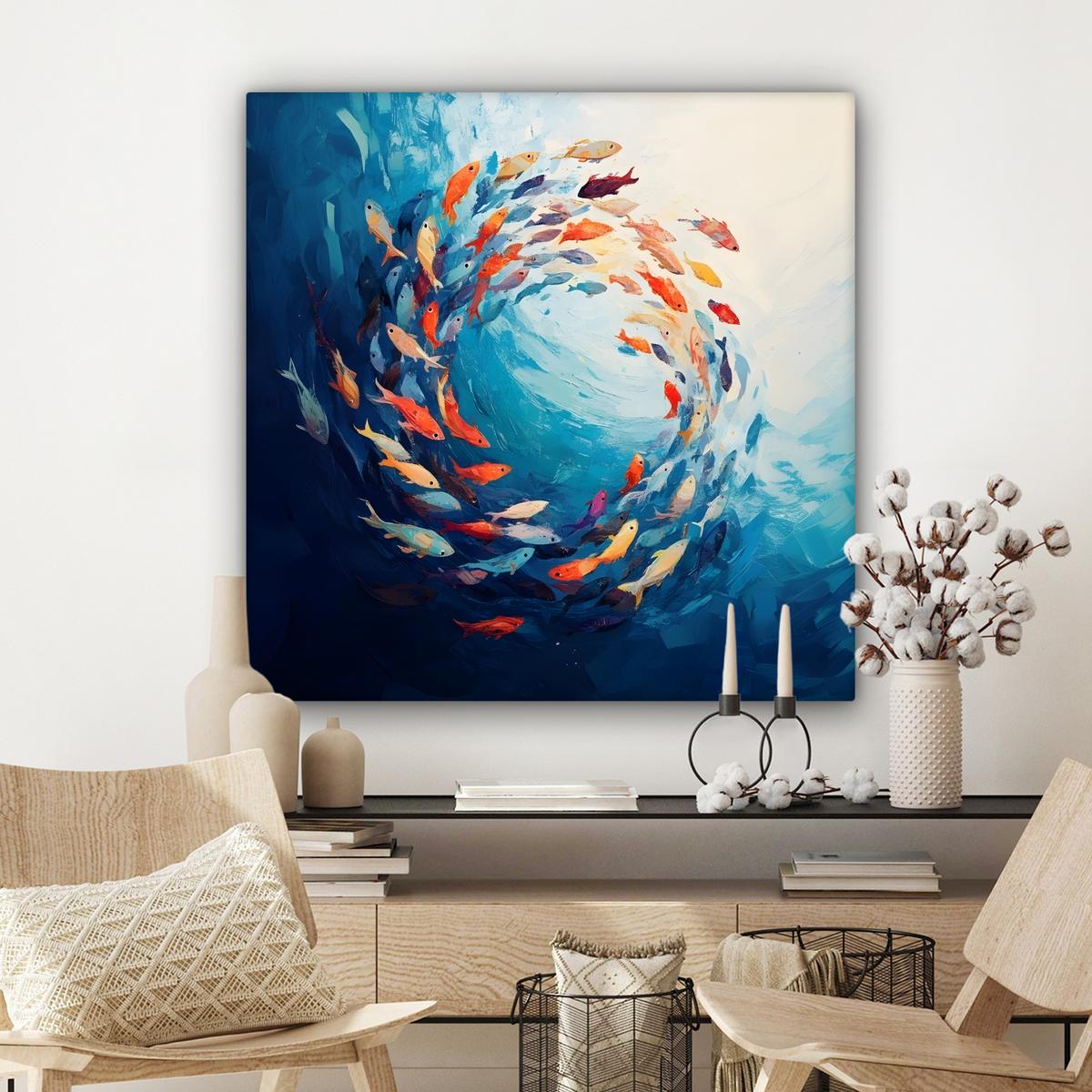 LEINWANDBILD Meer - Fische - Bunt - Dynamisch Deko Groß 90x90 cm - Hellblau, Textil (90/90cm) - MuchoWow