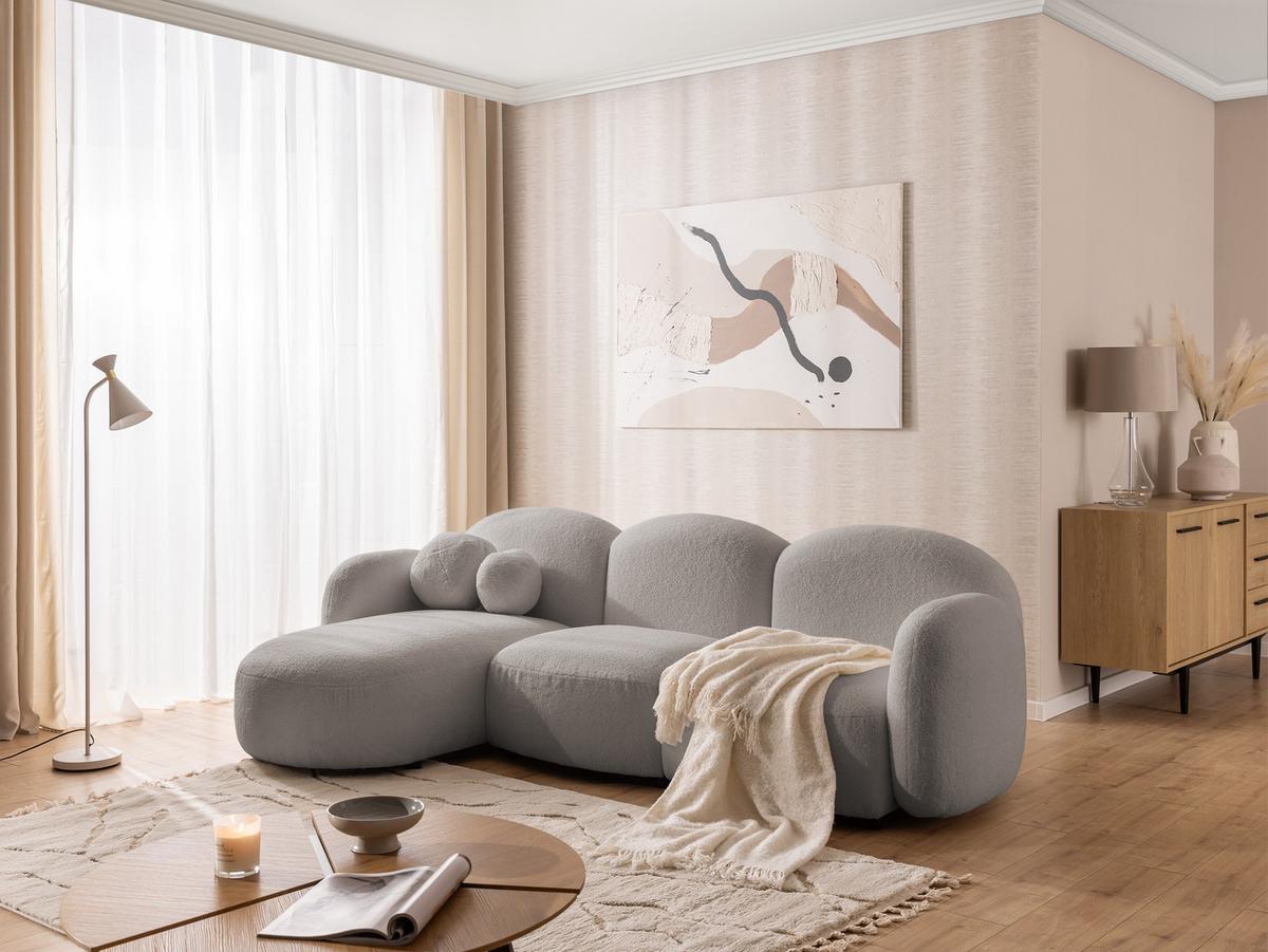ECKSOFA Nuvola mit abgerundetem Design Hellgrau Bouclé-Stoff - Ottomane Links - Hellgrau/Schwarz, Holz/Kunststoff (268/146cm) - S-Style Möbel