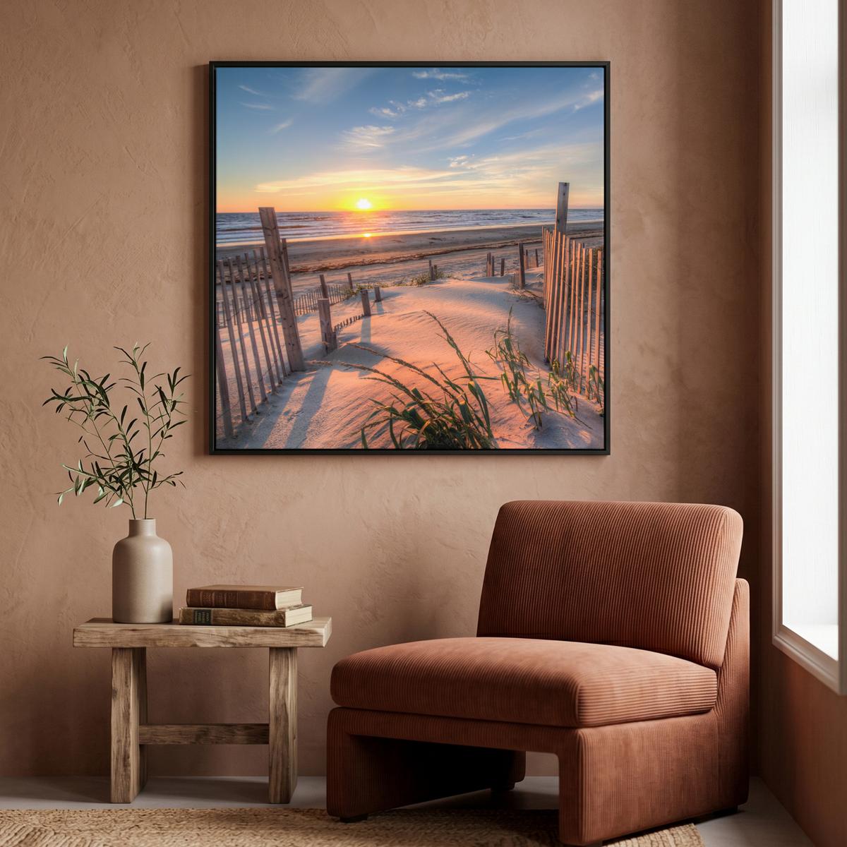 LEINWAND Bilder mit Rahmen - Strand - Meer - Düne - Sonnenuntergang - Landschaft - 90x90 - Beige, Textil (90/90cm) - MuchoWow
