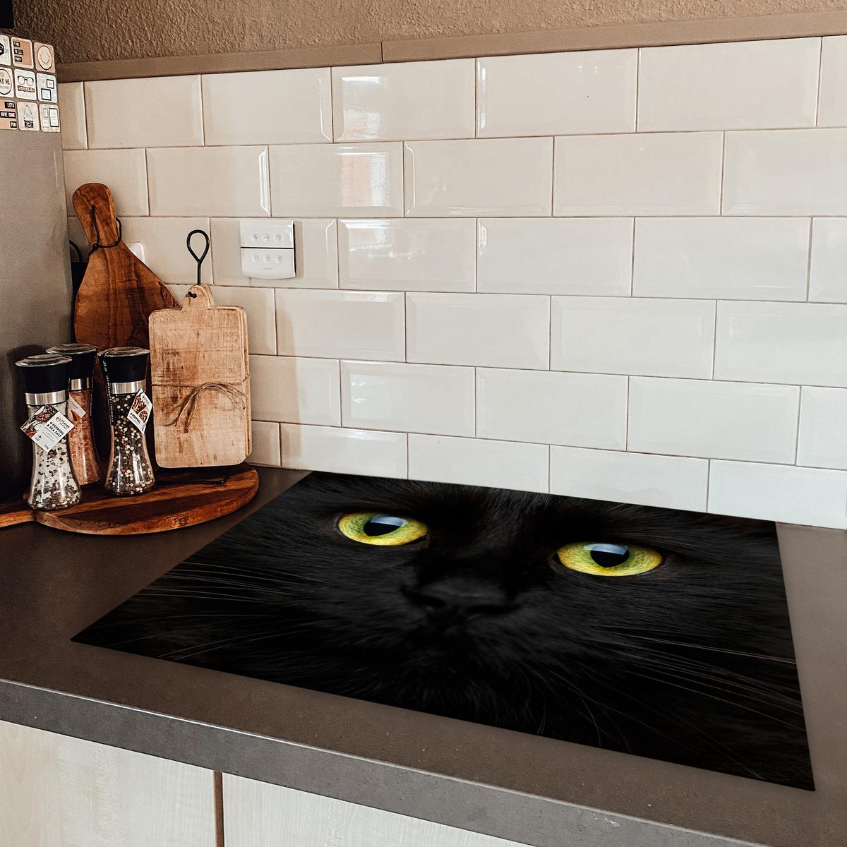 HERDABDECKPLATTE Katze - Augen - Gelb - Schwarz Herdabdeckung Induktionsfeld 70x52 cm - Schwarz, Kunststoff (70/52/0.2cm) - MuchoWow
