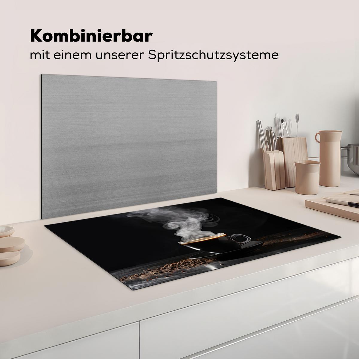 HERDABDECKPLATTE Kaffee - Schwarz - Bohnen - Heiß - Tasse Induktionsmatte 77x51 cm - Schwarz, Kunststoff (77/51/0.2cm) - MuchoWow