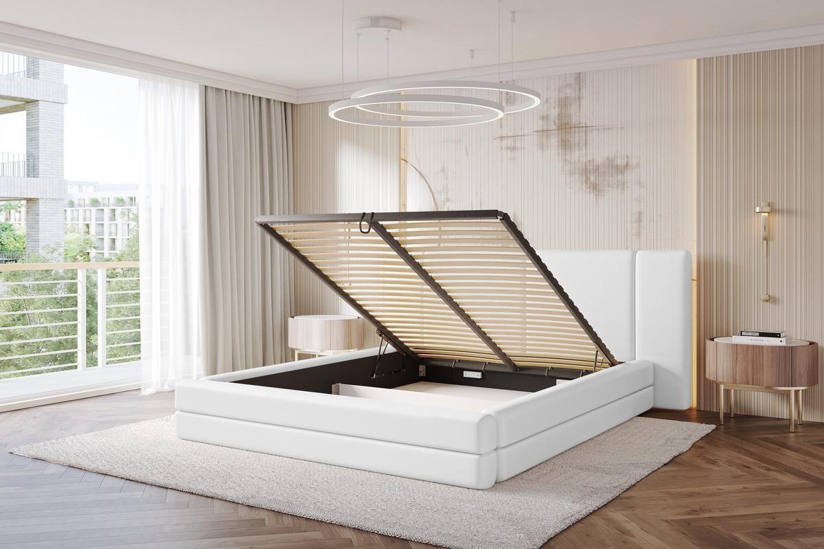POLSTERBETT mit Bettkasten und Lattenrost, Bett mit Matratze H3/H4 - TEVO 140x200 Weiß - Weiß Hochglanz, Holzwerkstoff/Textil (140/200cm) - ALTDECOR