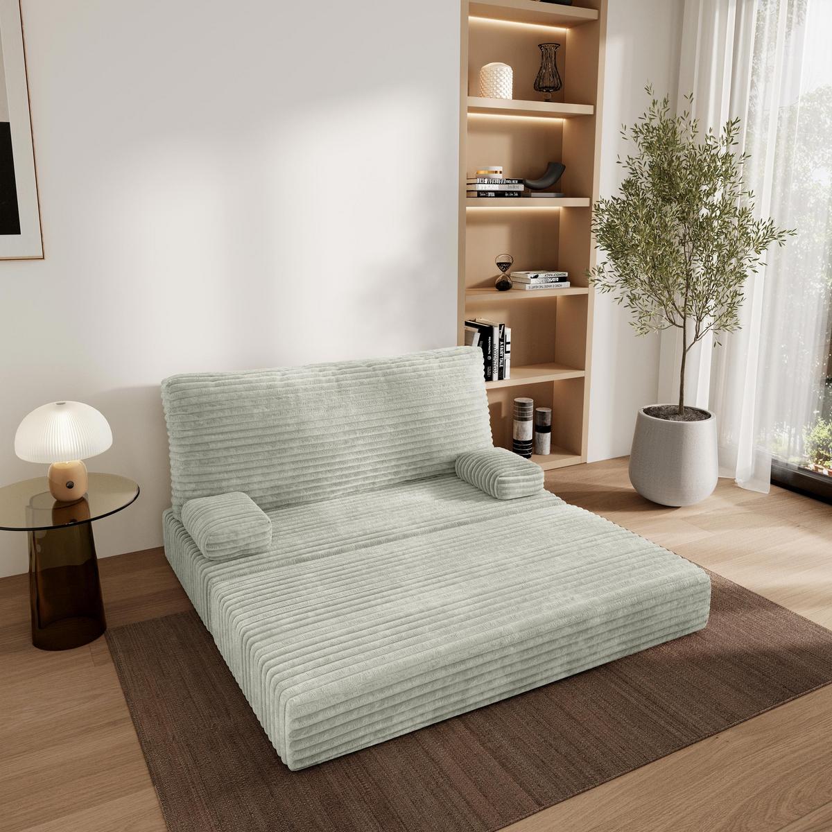 BETTSOFA LADIA aus Schaumstoff Kordstoff Hellgrau Schlaffunktion - Hellgrau, Textil (140/86/60cm) - MASSENO