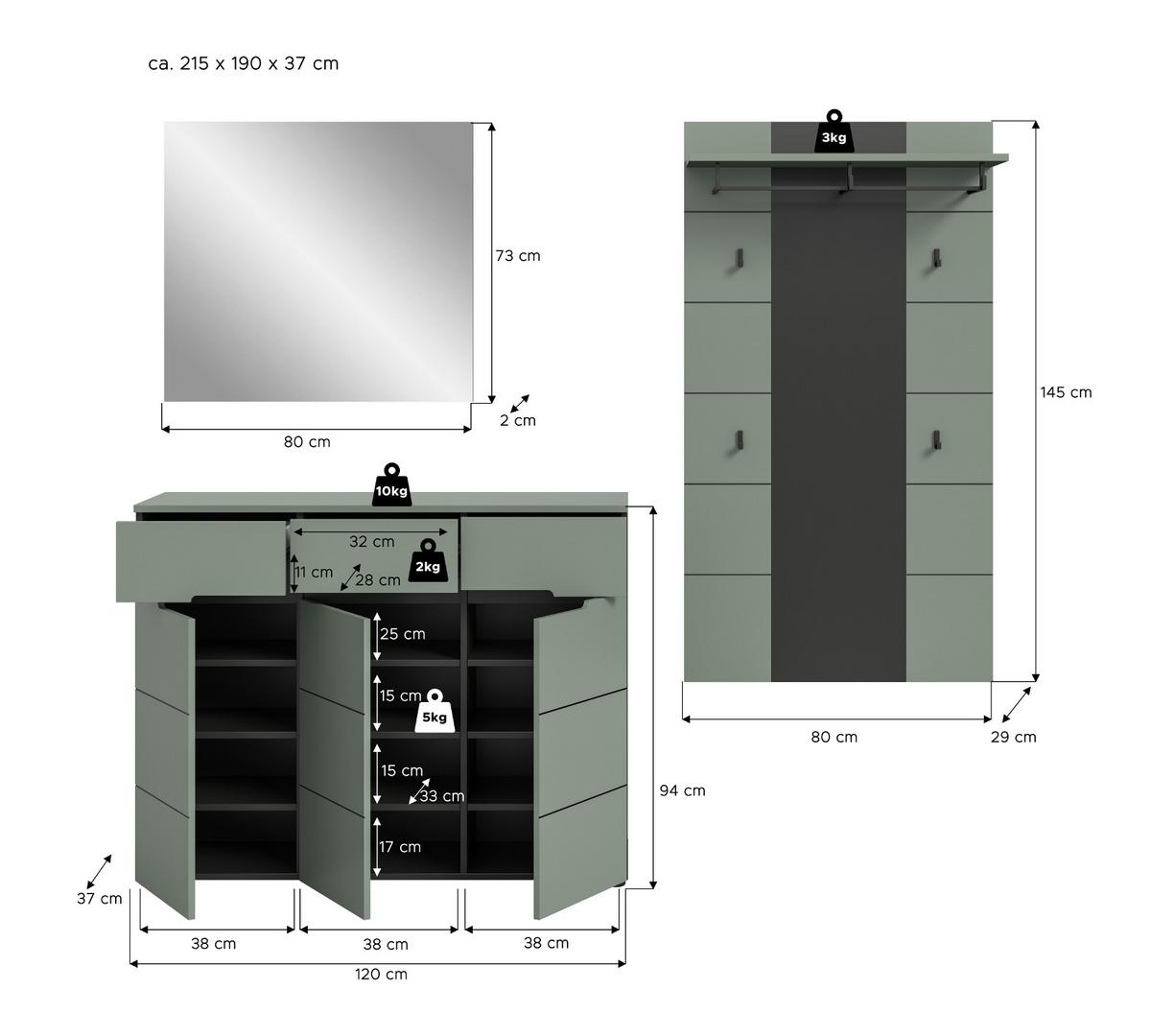 GARDEROBEN-SET 3-teilig Salbei grün, grau 215 cm, Komplettset mit Soft-Close-Funktion - Salbeigrün/Schwarz, Holzwerkstoff/Kunststoff (215/190/37cm) - Inn.Furn