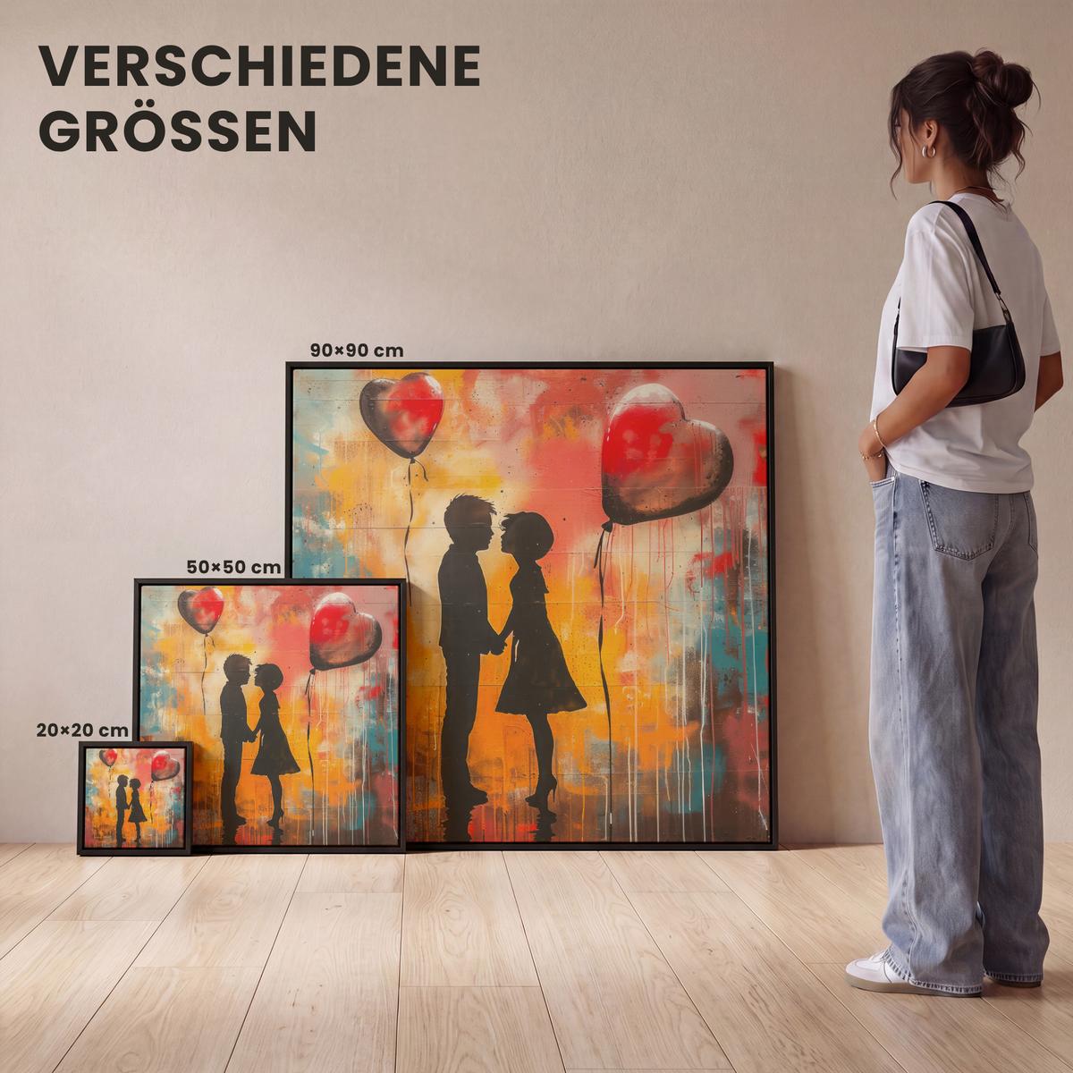 LEINWAND Bilder mit Rahmen - Straßenkunst - Liebe - Graffiti - Kunst - Banksy - 90x90 - Orange, Textil (90/90cm) - MuchoWow