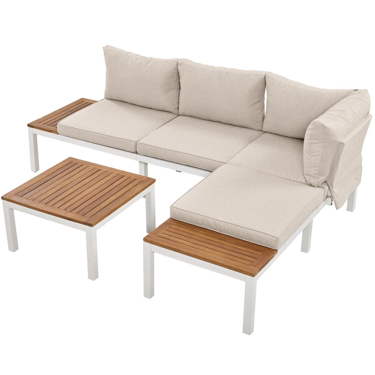 LOUNGEGARNITUR 5-tlg. Stahl & Akazie Beige Gartensofa mit Tisch & Beistelltischen - Beige, Metall - Urban Meuble