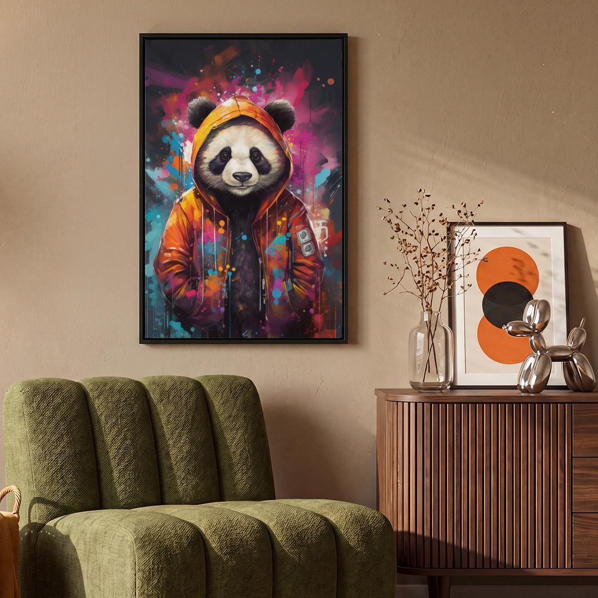 LEINWAND Bilder mit Rahmen - Panda - Jacke - Graffiti - Orange - 60x90 - Orange, Textil (60/90cm) - MuchoWow