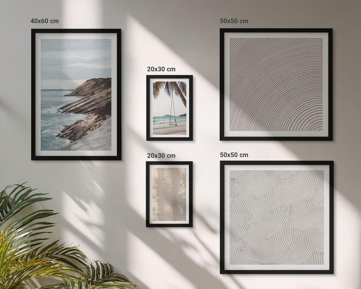BILDER SET 5er Set - 50x50 cm & 20x30 cm & 40x60 cm Schwarzer Rahmen - Sommerlicher Sandstrand mit Meerblick - Schwarz, Kunststoff (40/60cm) - TULUP