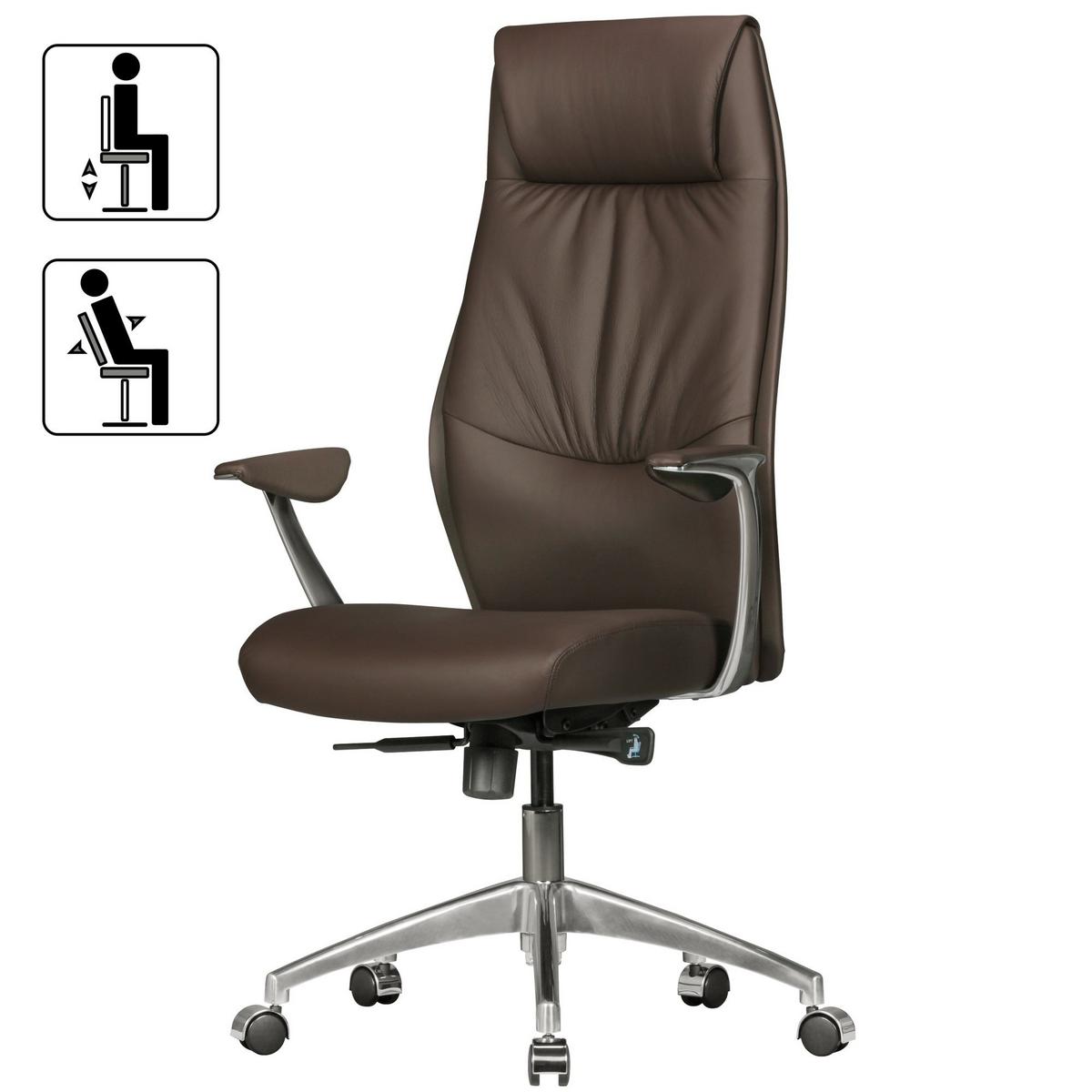 CHEFSESSEL Echtleder mit 3-Stufen-Synchronmechanik und Aluminiumfußkreuz TEMZA, Braun 67x58x125 cm - Silberfarben/Braun, Leder/Metall (67/125/58cm) - KADIMA DESIGN