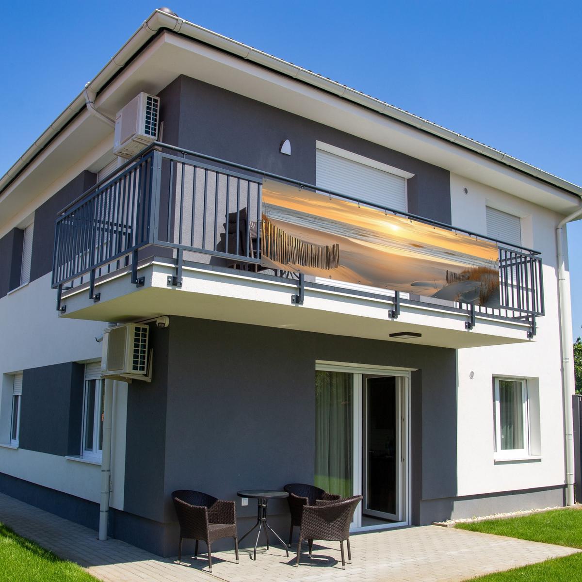 BALKON-SICHTSCHUTZ Strand - Dünen - Sonnenuntergang Windschutz 300x90 cm - Sandfarben, Kunststoff (300/90cm) - MuchoWow